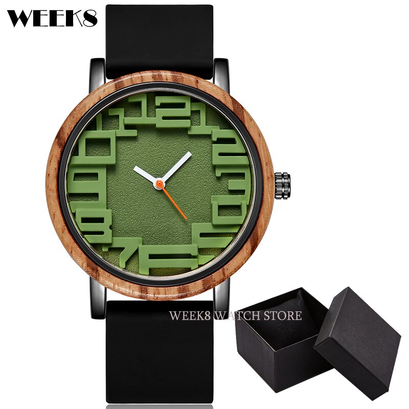 Reloj de madera de bambú para hombre y mujer, pulsera con números, banda de silicona, diseño Simple