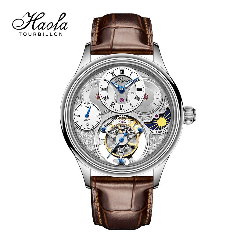 Haofa-reloj mecánico Tourbillon GMT para hombre, cronógrafo de zafiro, Manual, resistente al agua, día y noche