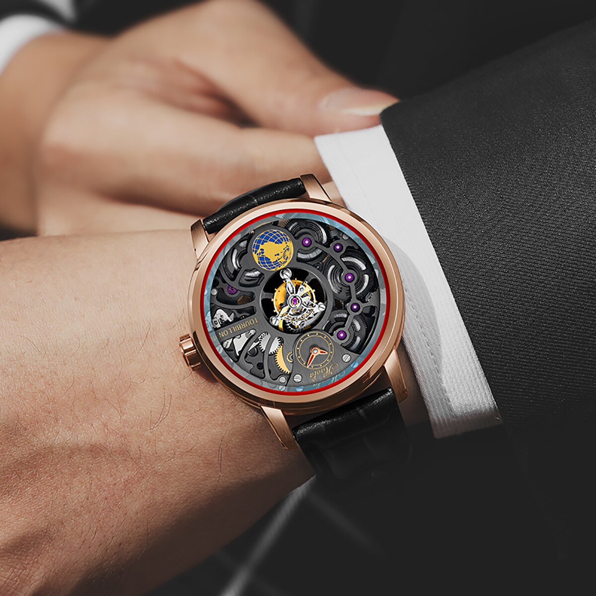 Haofa-Reloj de negocios para hombre, accesorio de pulsera con mecanismo de Tourbillon, doble esqueleto, Manual, 120H de reserva de energía, zafiro, resistente al agua, 1938