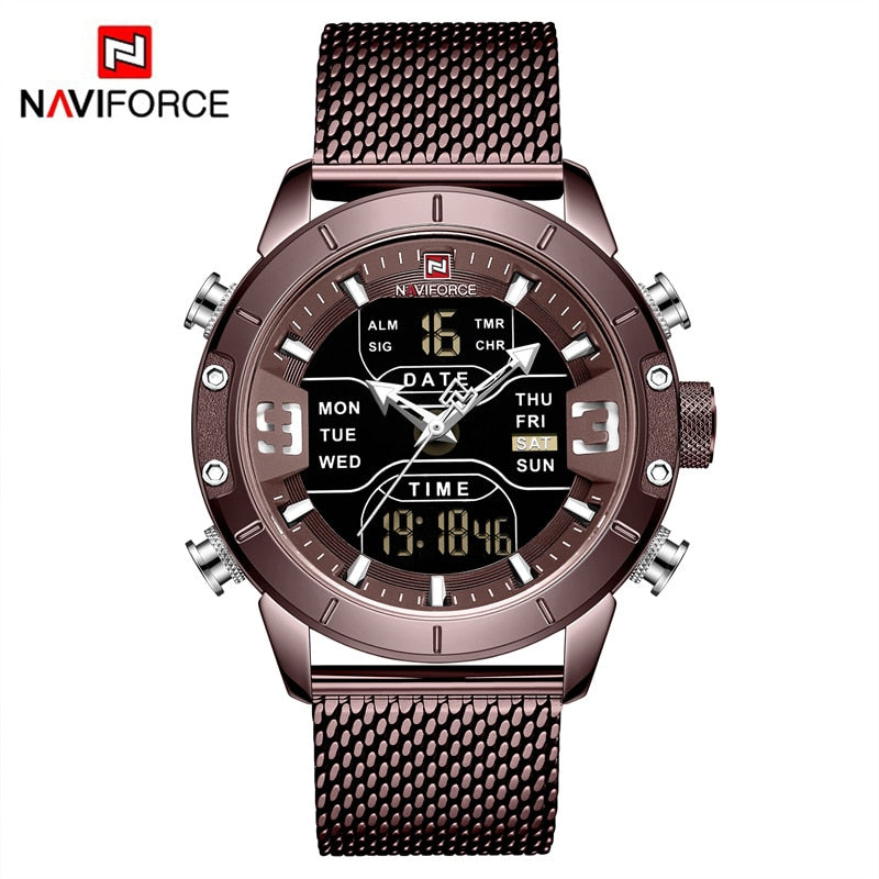 NAVIFORCE – reloj para hombres, cronógrafo de cuarzo, deportivo, militar, digital, LED, de acero inoxidable, masculino