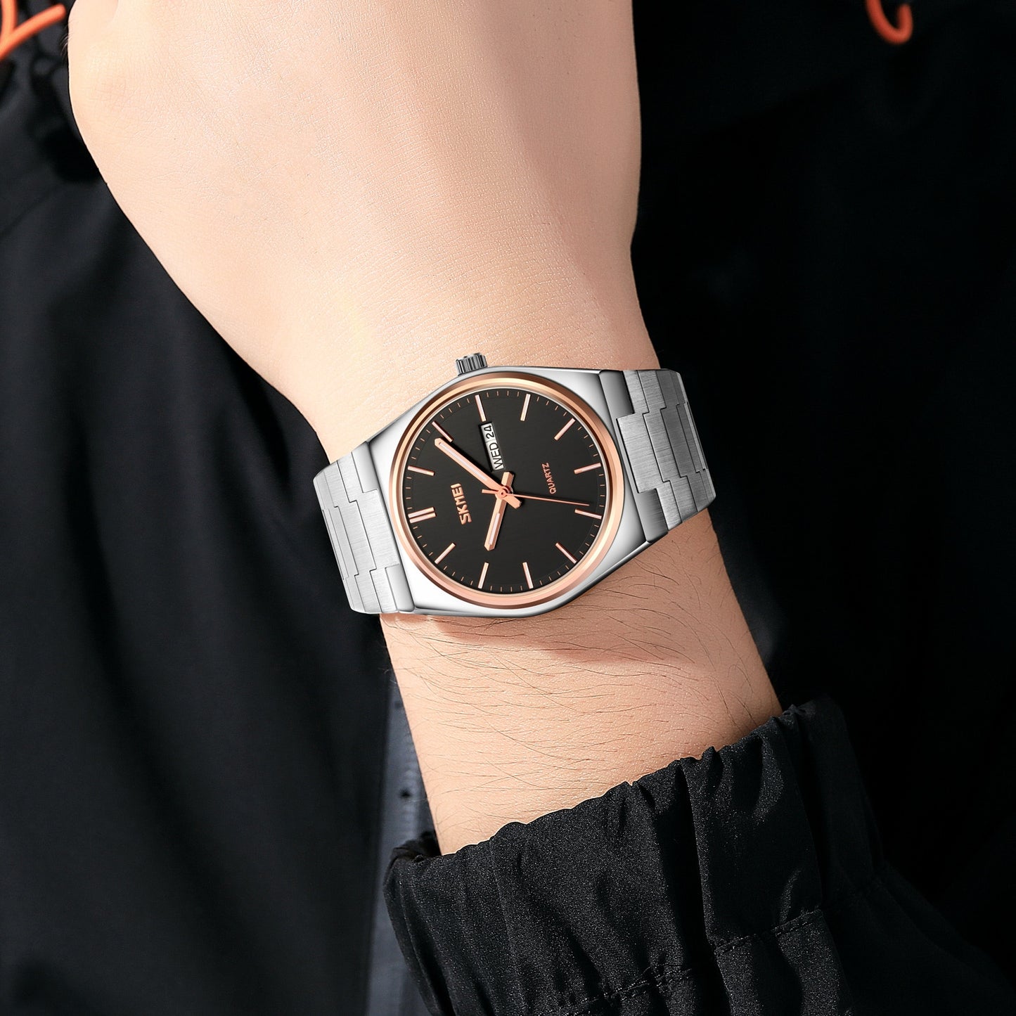 SKMEI Reloj deportivo para hombres SKMEI, estilo casual con movimiento de cuarzo, diseño de acero completo, muestra la hora, semana y fecha. Resistente al agua y adecuado para negocios y actividades deportivas. 👨‍💼⌚️💦