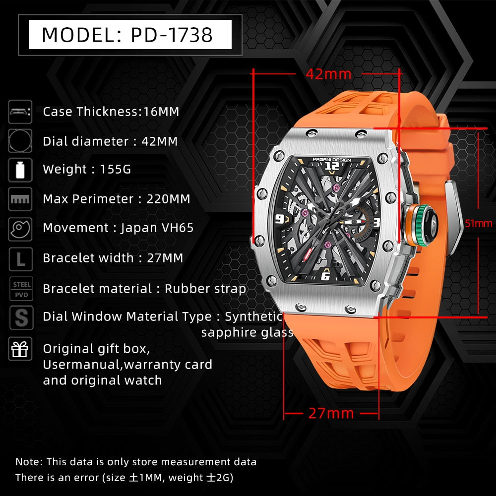 PAGANI DESIGN-Reloj de pulsera de cuarzo para hombre, cronógrafo de lujo con forma de barril, resistente al agua, con espejo de zafiro luminoso de silicona VH65, 2023