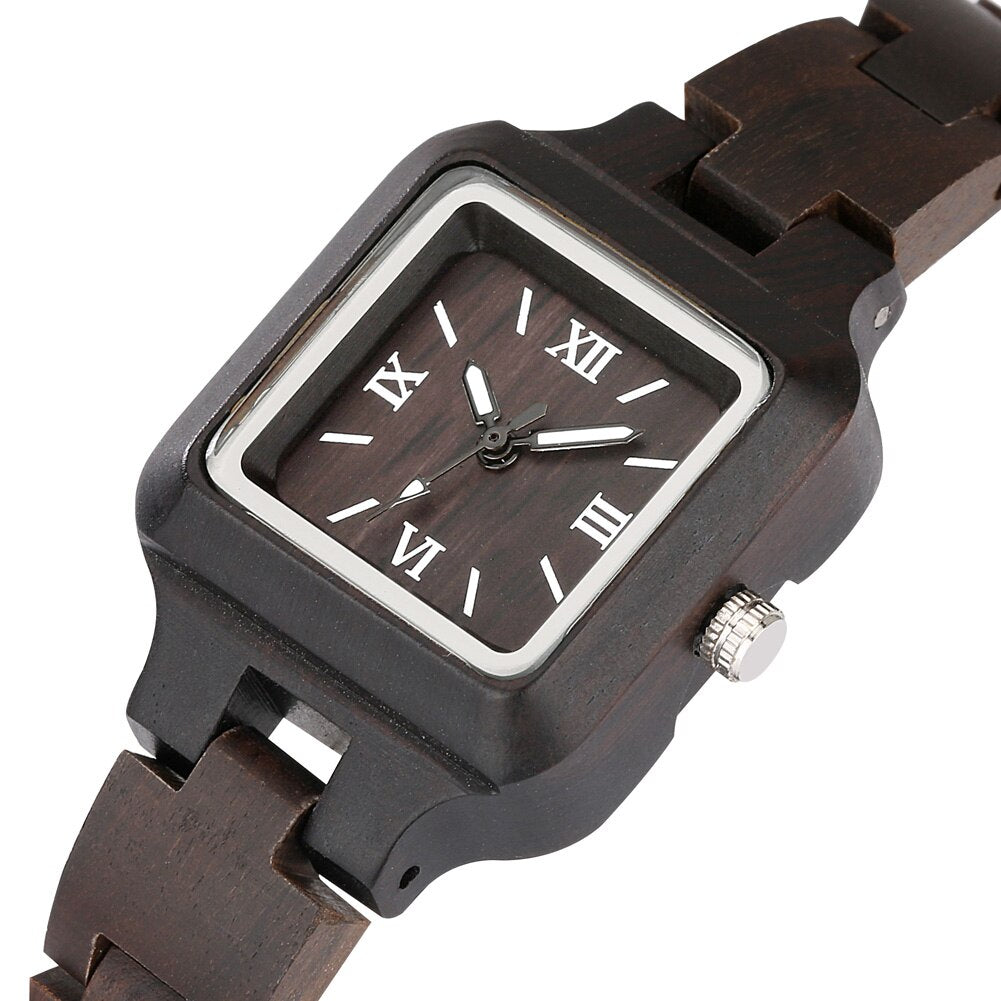 Elegantes relojes cuadrados de ébano para mujer con pulsera de madera vintage, cierre plegable y esfera con números romanos. Regalo perfecto para un estilo sofisticado. ✨🎁🕰️
