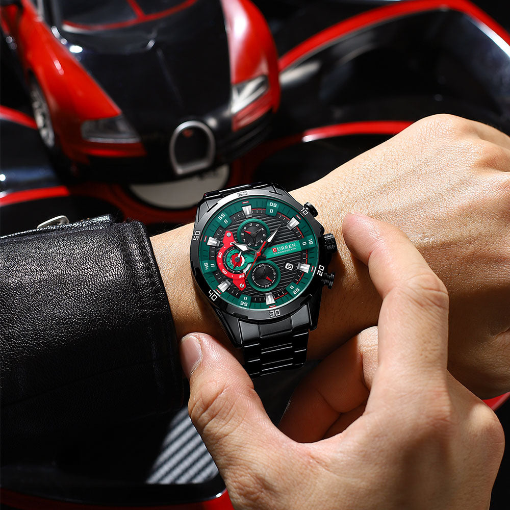 CURREN Sport Watch para hombre, cronógrafo cuarzo, agua resistente, lujo, acero inoxidable, luminoso.
