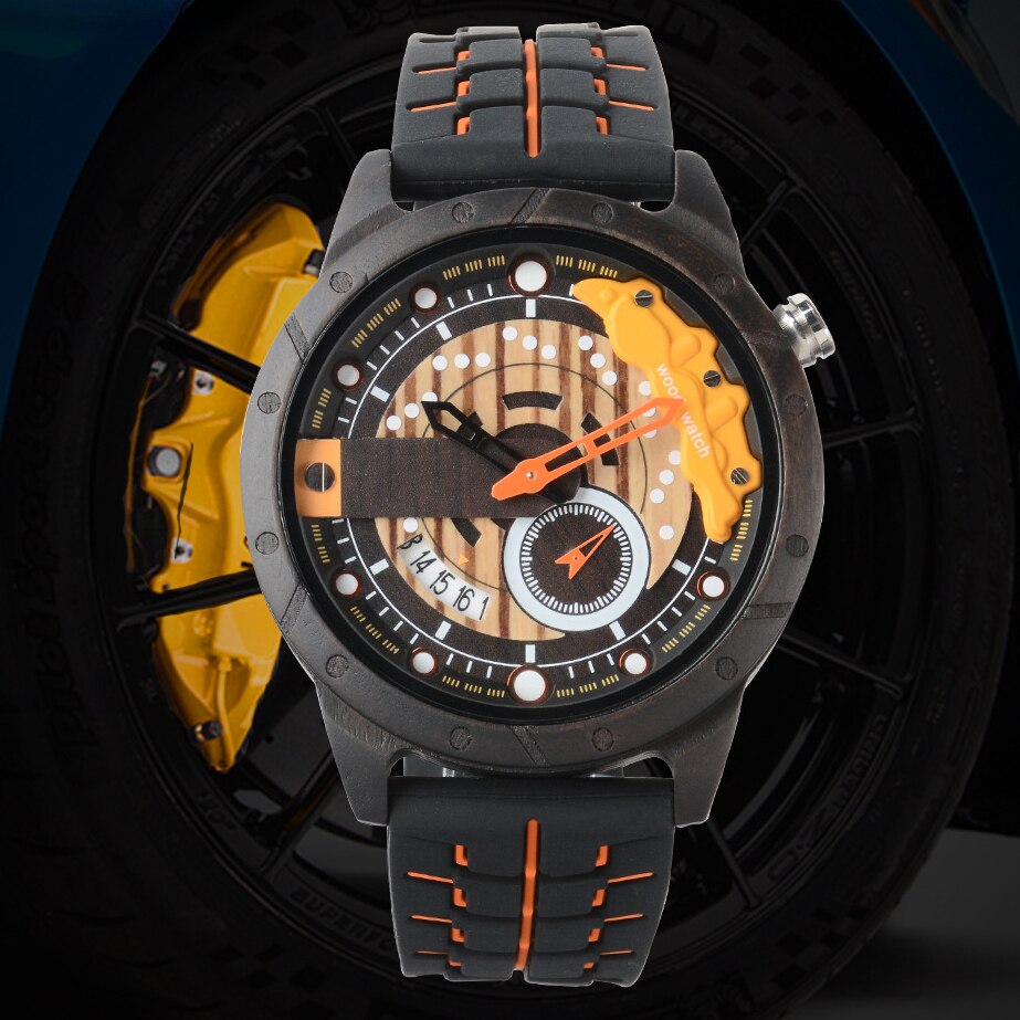 Reloj deportivo De cuarzo para hombre, cronógrafo De Madera con diseño creativo De rueda De carreras, correa De silicona suave, pantalla luminosa, Militar