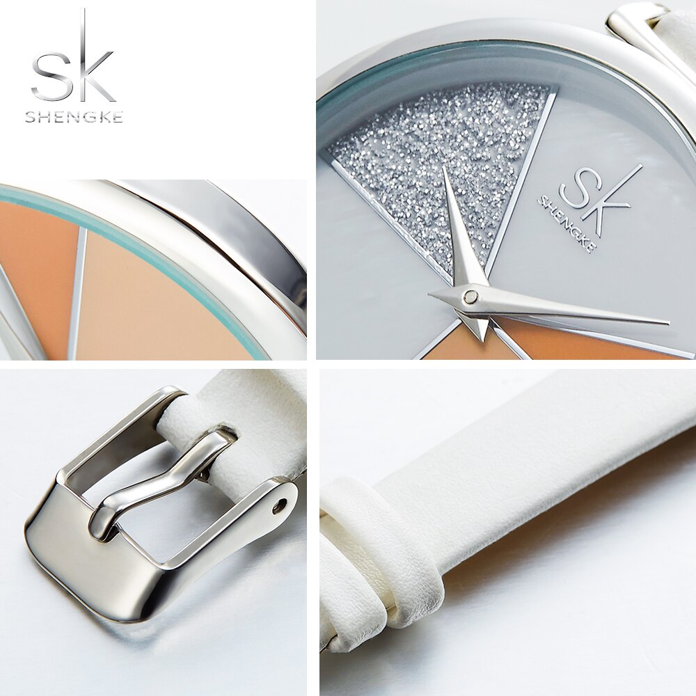 Shengke Reloj para Mujer con Esfera en Forma de Concha, Correa de Cuero, Movimiento de Cuarzo Japonés, Diseño Ultra Delgado, Hebilla, Reloj de Mujer Montre Femme.