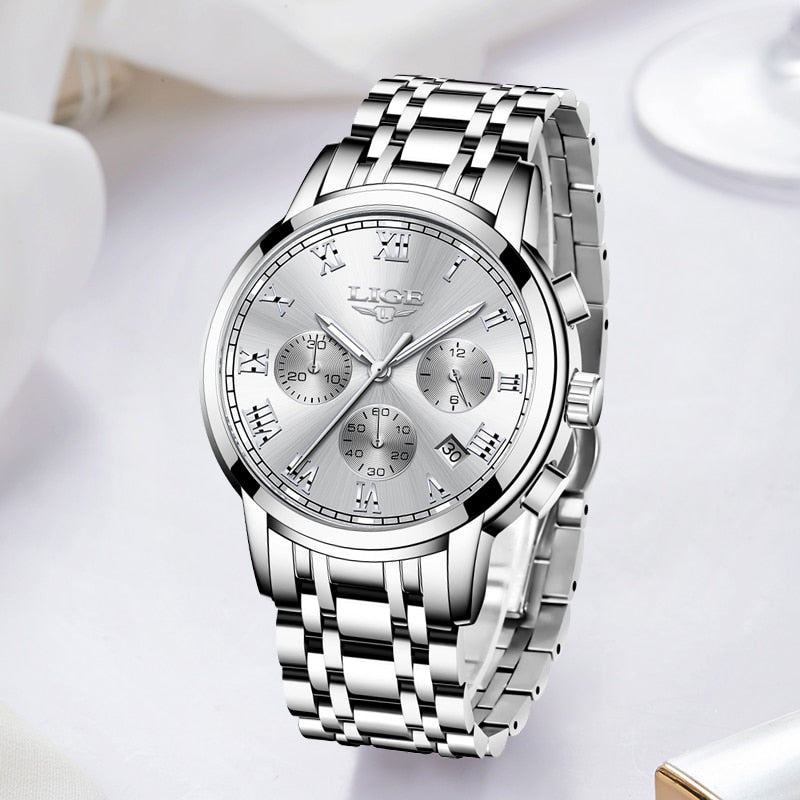 LIGE Relojes de pulsera de acero para mujer accesorio de lujo de marca superior creativo de cuarzo