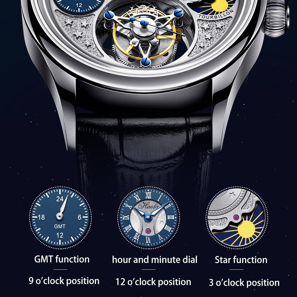 Haofa-reloj mecánico Tourbillon GMT para hombre, cronógrafo de zafiro, Manual, resistente al agua, día y noche