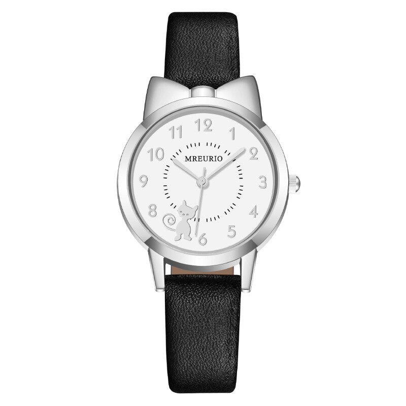 Reloj de cuarzo con correa de cuero para niños, pulsera Digital con lazo de gato bonito.
