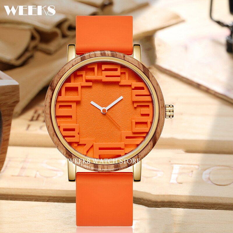 Reloj de madera de bambú para hombre y mujer, pulsera con números, banda de silicona, diseño Simple