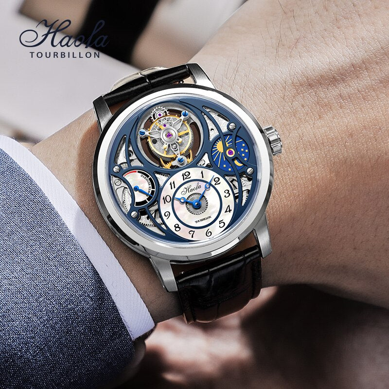 Haofa-Reloj de Tourbillon para hombre, reloj hueco de fase lunar, Manual de zafiro, resistente al agua, 60H, reserva de energía, movimiento mecánico, 1939