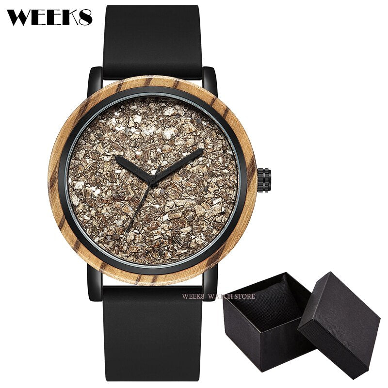 Reloj de madera de bambú para hombre y mujer, pulsera con números, banda de silicona, diseño Simple