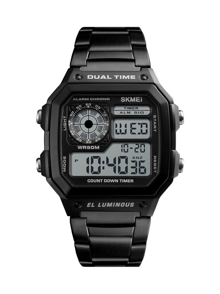 SKMEI ¡Los "Relojes Deportivos SKMEI de Lujo Superior" con correa de acero inoxidable! Resistente al agua 5Bar, luz de fondo y funciones de cuenta regresiva y alarma. ¡Un reloj digital para hombres con estilo y funcionalidad! ⌚💦🔥