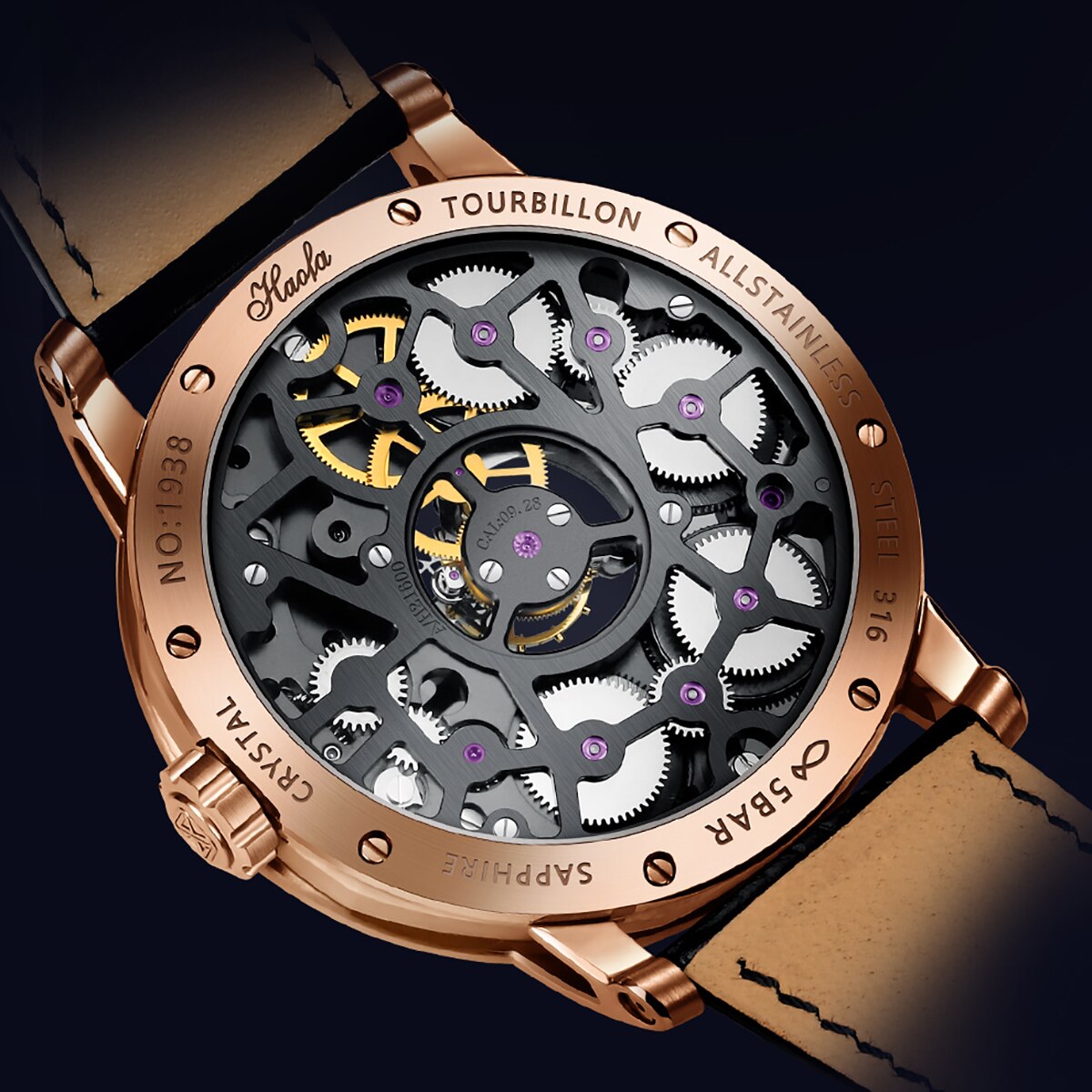 Haofa-Reloj de negocios para hombre, accesorio de pulsera con mecanismo de Tourbillon, doble esqueleto, Manual, 120H de reserva de energía, zafiro, resistente al agua, 1938