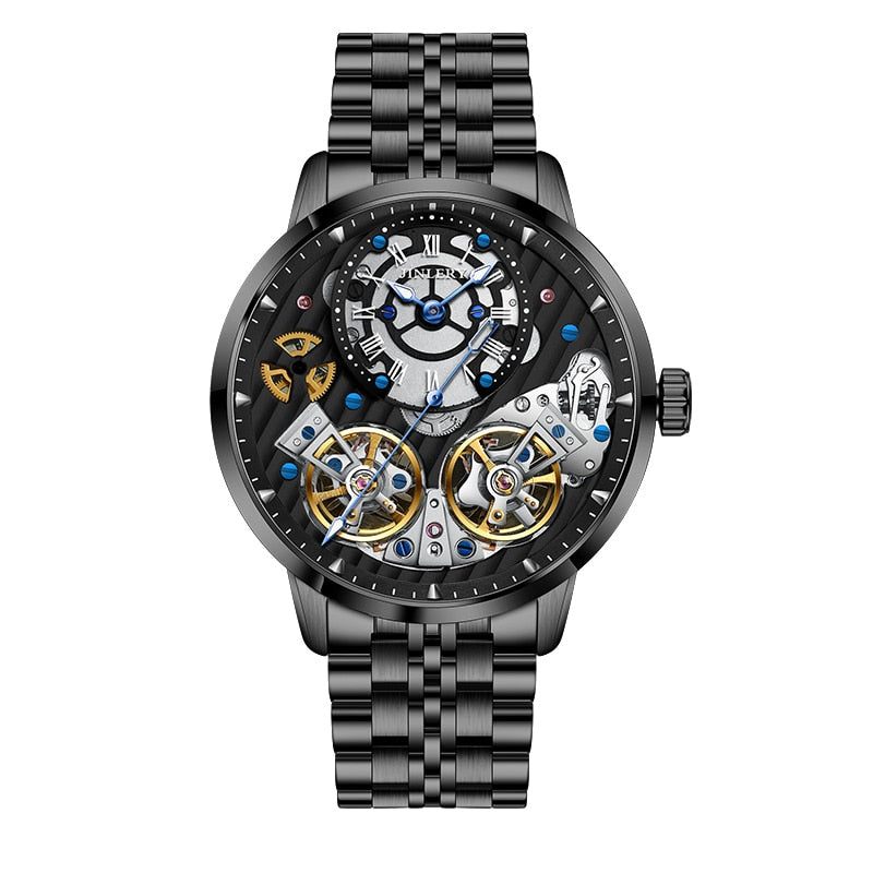 JINLERY Reloj de pulsera automtico para hombre crongrafo mecnico de lujo con doble volante a la moda MasculinoRelojes mecnicos -