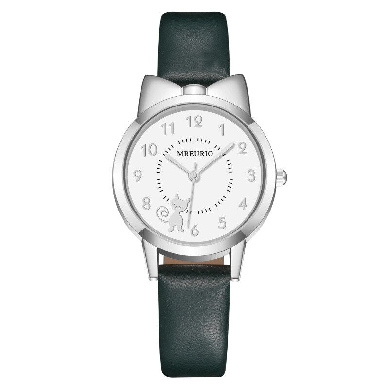 Reloj de cuarzo con correa de cuero para niños, pulsera Digital con lazo de gato bonito.