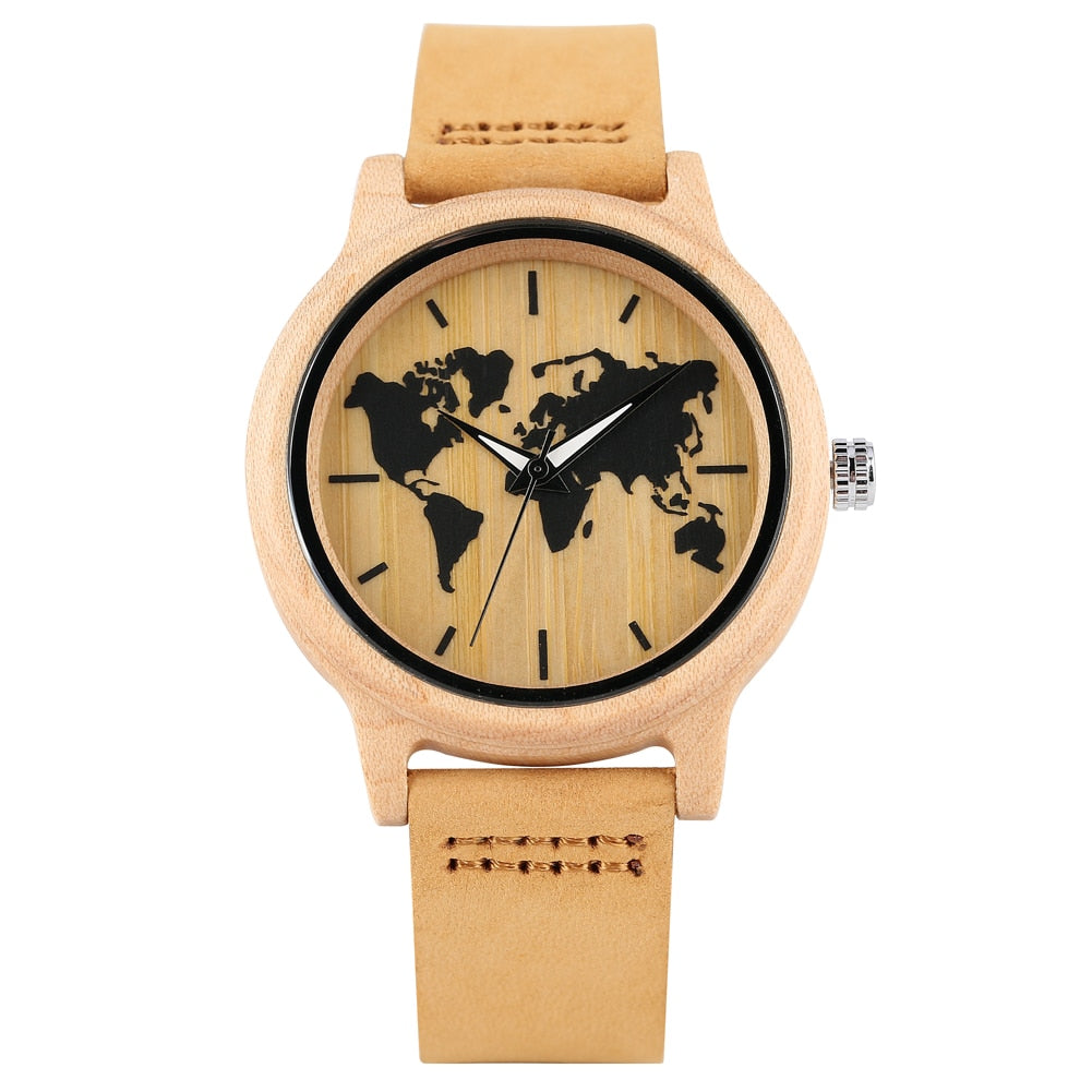 🌍 Reloj de Madera con Mapa Mundial Tallado para Hombres 🕰️, Reloj de Moda de Madera de Bambú 🎋, Reloj de Pulsera de Cuarzo Retro con Correa de Cuero Marrón 🏞️, Esfera con Escala de Reloj ⏱️.