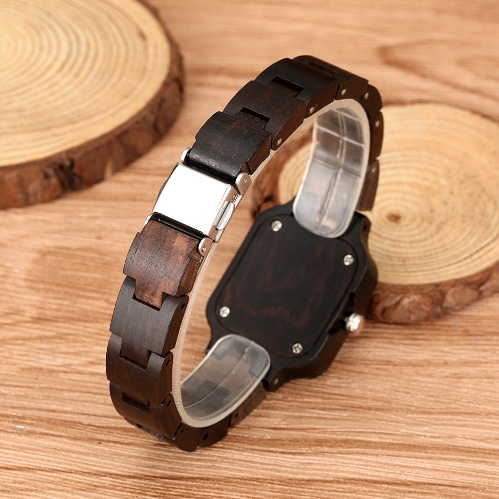 Elegantes relojes cuadrados de ébano para mujer con pulsera de madera vintage, cierre plegable y esfera con números romanos. Regalo perfecto para un estilo sofisticado. ✨🎁🕰️