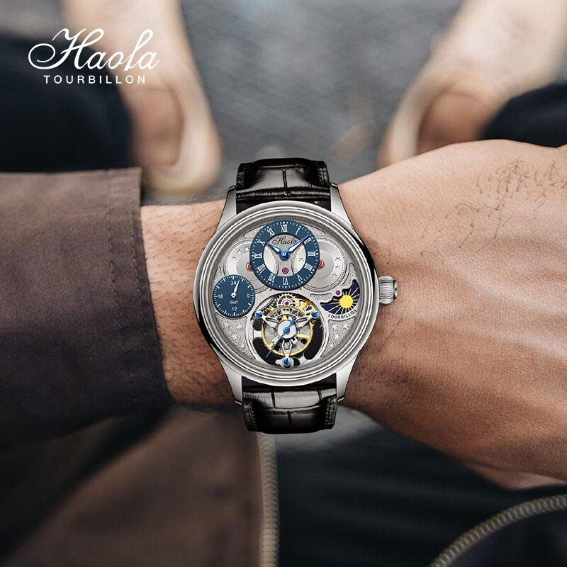 Haofa-reloj mecánico Tourbillon GMT para hombre, cronógrafo de zafiro, Manual, resistente al agua, día y noche