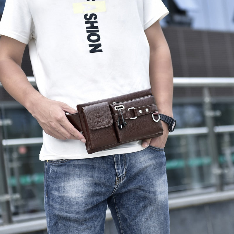 WEIXIER Riñoneras de cuero PU para hombre, bolso de pecho multiusos de Color sólido, bandolera negra/marrón, a la moda