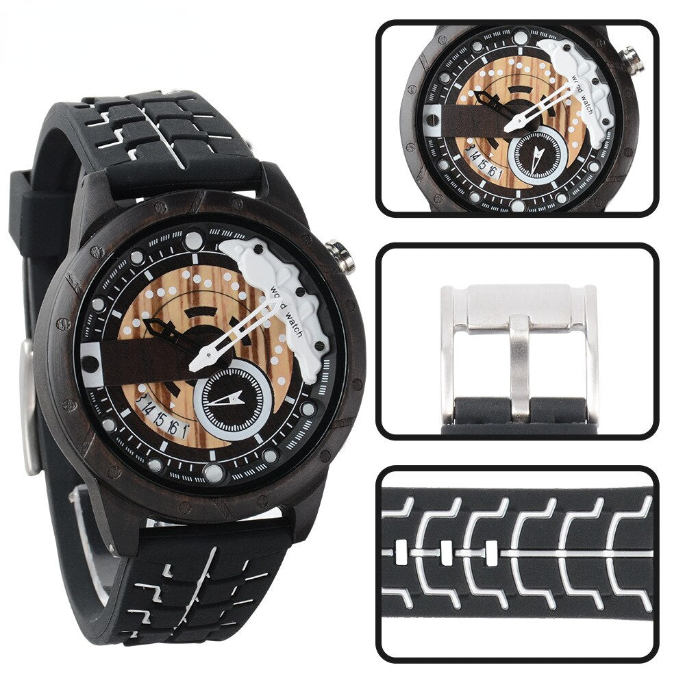 Reloj deportivo De cuarzo para hombre, cronógrafo De Madera con diseño creativo De rueda De carreras, correa De silicona suave, pantalla luminosa, Militar
