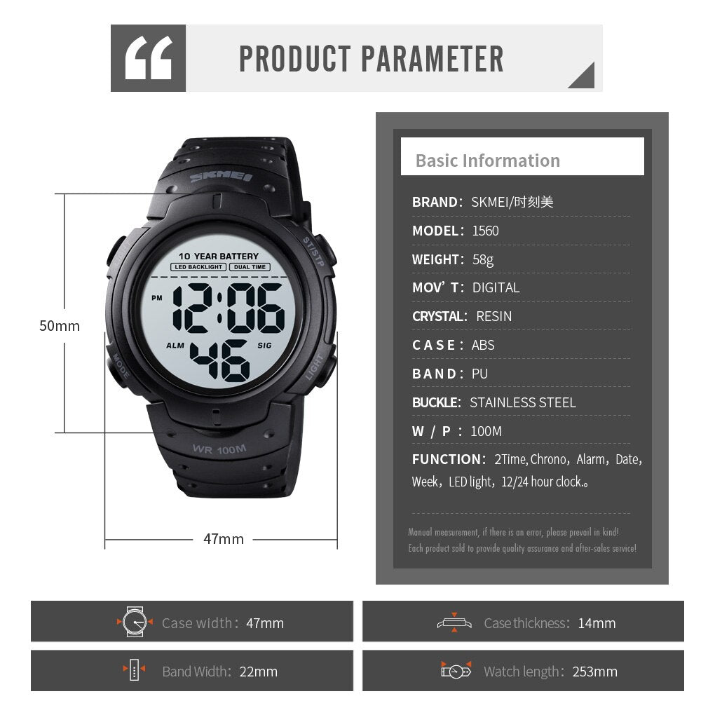 SKMEI Reloj deportivo digital Skmei con pantalla LED y cronógrafo, resistente al agua hasta 10 bares. Reloj de pulsera resistente al agua, con batería de larga duración de 10 años, alarma y calendario. 🕑⌚️💧