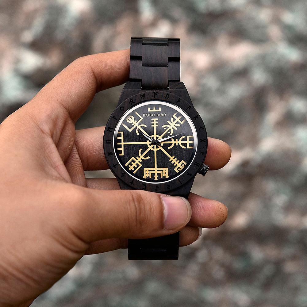 BOBO BIRD- COLECCION RUNA NORDICA  Reloj de pulsera de madera para hombre, cronógrafo de cuarzo con círculo rúnico, timón dorado, Vegvisir, a la moda, gran caja de regalo