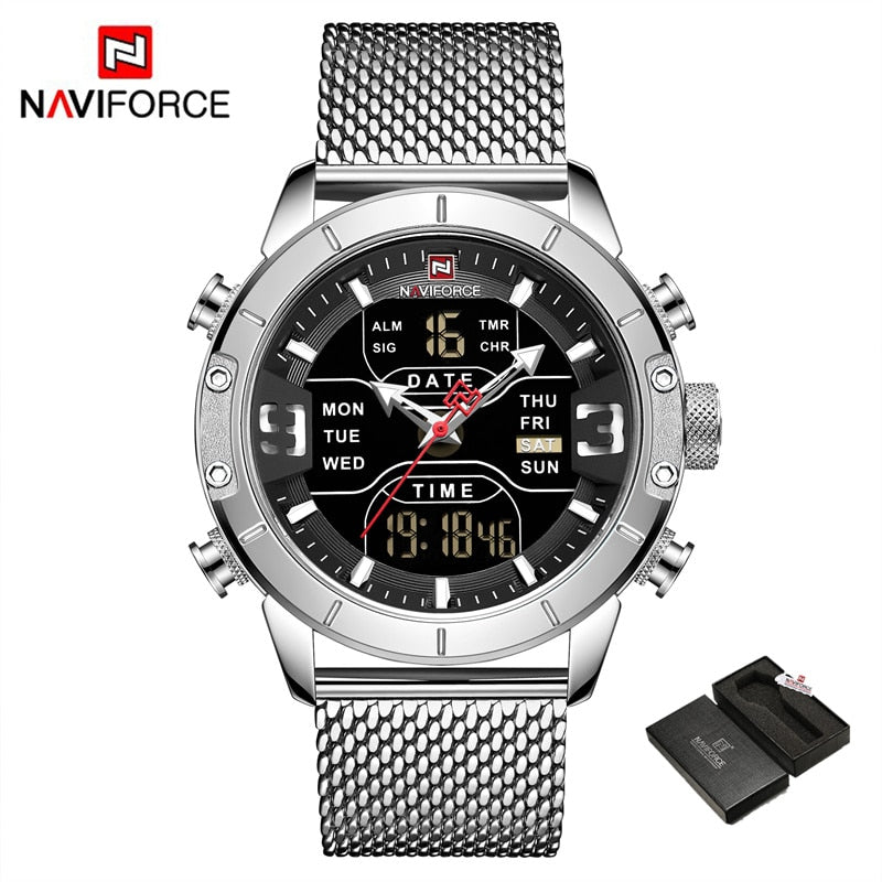 NAVIFORCE – reloj para hombres, cronógrafo de cuarzo, deportivo, militar, digital, LED, de acero inoxidable, masculino