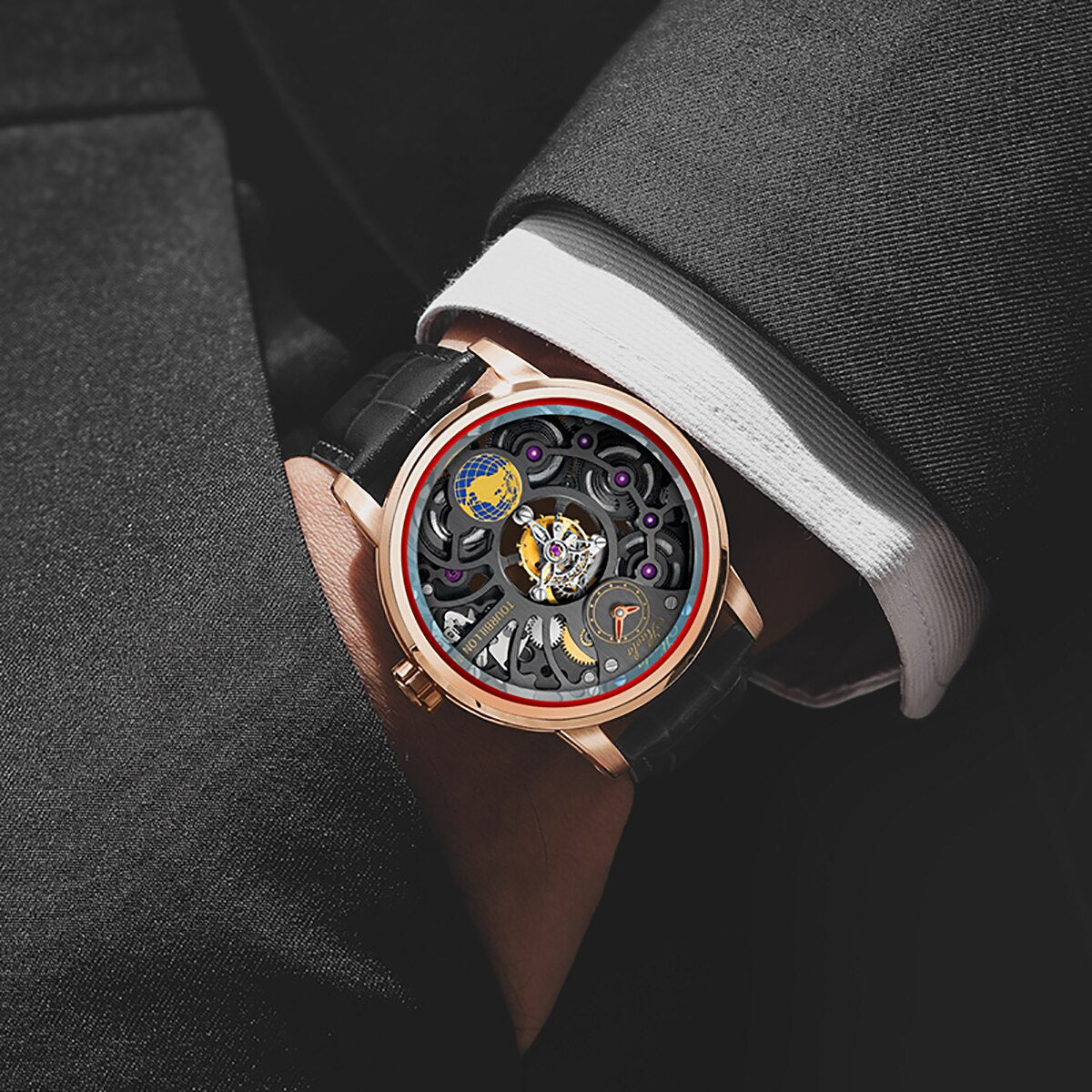 Haofa-Reloj de negocios para hombre, accesorio de pulsera con mecanismo de Tourbillon, doble esqueleto, Manual, 120H de reserva de energía, zafiro, resistente al agua, 1938