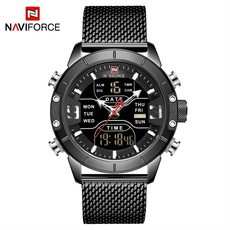 NAVIFORCE – reloj para hombres, cronógrafo de cuarzo, deportivo, militar, digital, LED, de acero inoxidable, masculino