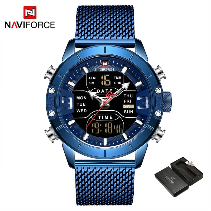 NAVIFORCE – reloj para hombres, cronógrafo de cuarzo, deportivo, militar, digital, LED, de acero inoxidable, masculino