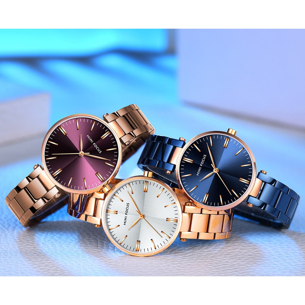 MINIFOUCS-relojes sencillos de acero para mujer, pulsera de cuarzo púrpura, resistente al agua, marca de lujo.