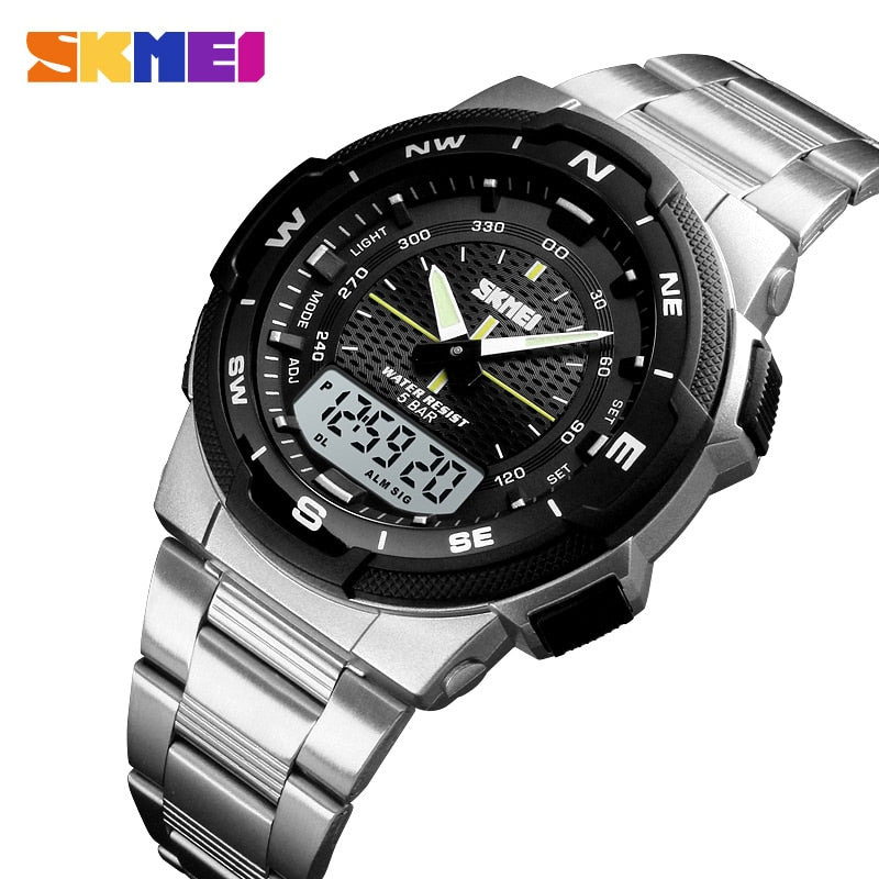 SKMEI Reloj SKMEI para hombre con estilo deportivo y de lujo. Correa de acero inoxidable y resistente al agua. Reloj de cuarzo de moda, perfecto para negocios.