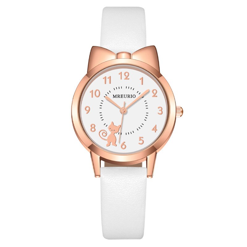 Reloj de cuarzo con correa de cuero para niños, pulsera Digital con lazo de gato bonito.