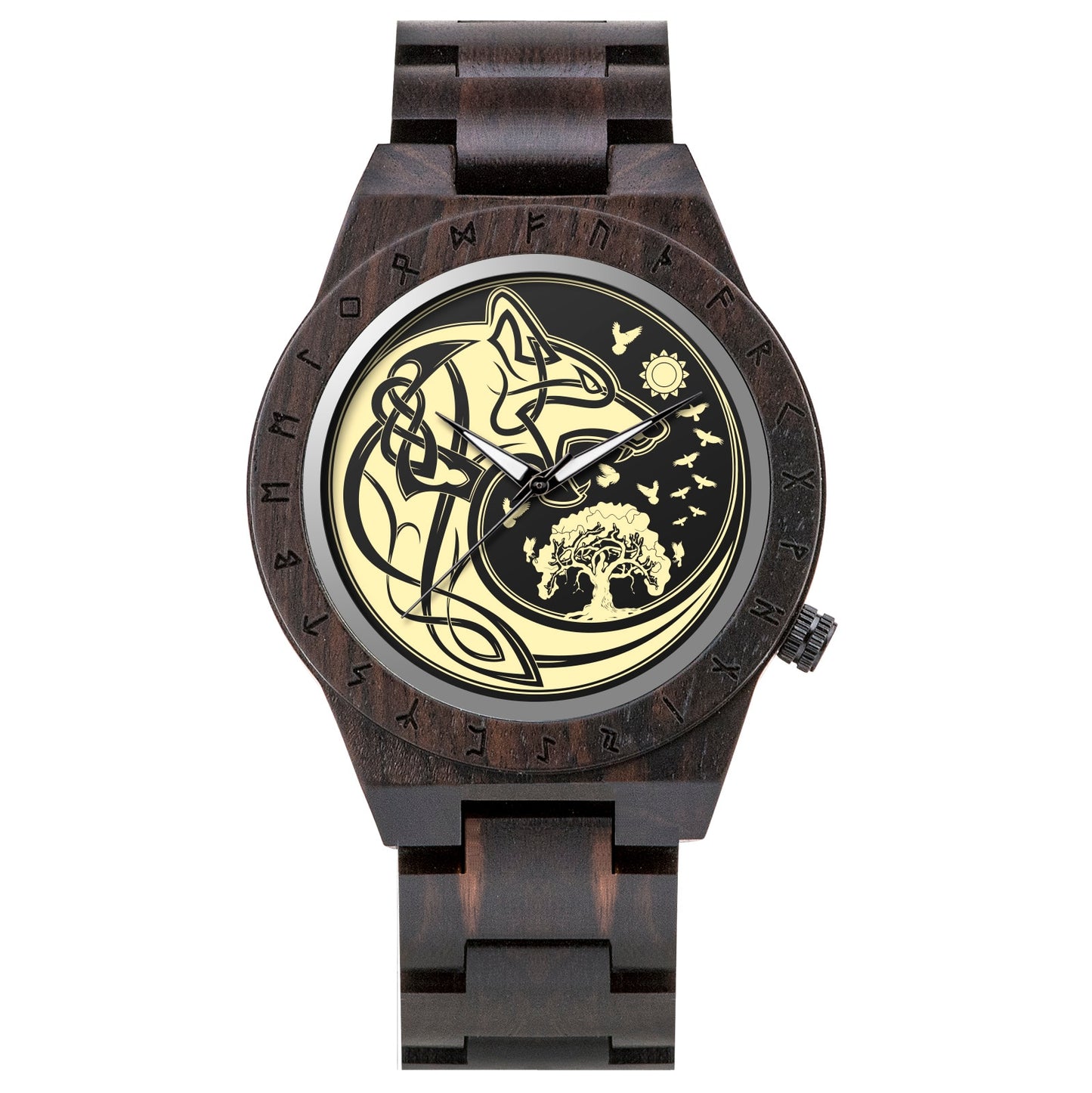 BOBO BIRD- COLECCION RUNA NORDICA  Reloj de pulsera de madera para hombre, cronógrafo de cuarzo con círculo rúnico, timón dorado, Vegvisir, a la moda, gran caja de regalo