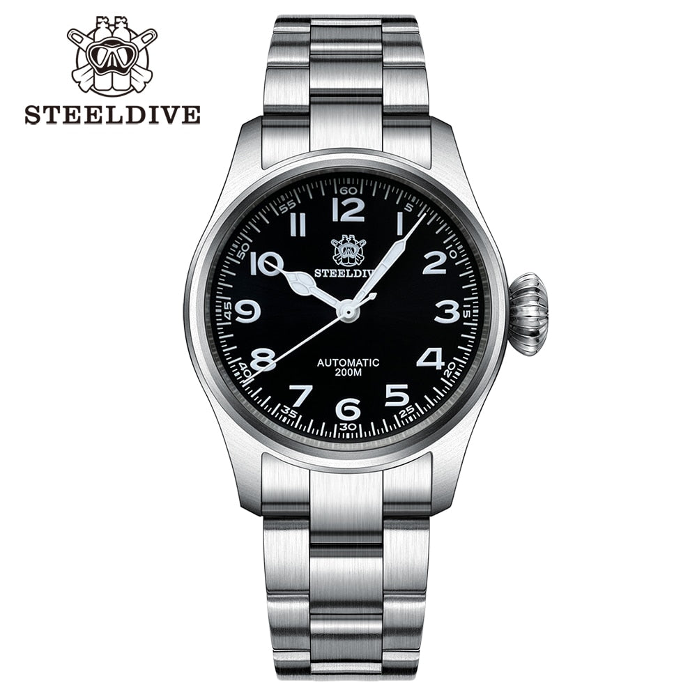 STEELDIVE ¡STEELDIVE SD1928M! Reloj mecánico automático con corona grande, movimiento NH35 y cristal de zafiro. Resistente al agua 200M y super luminoso. ⌚✈️💧