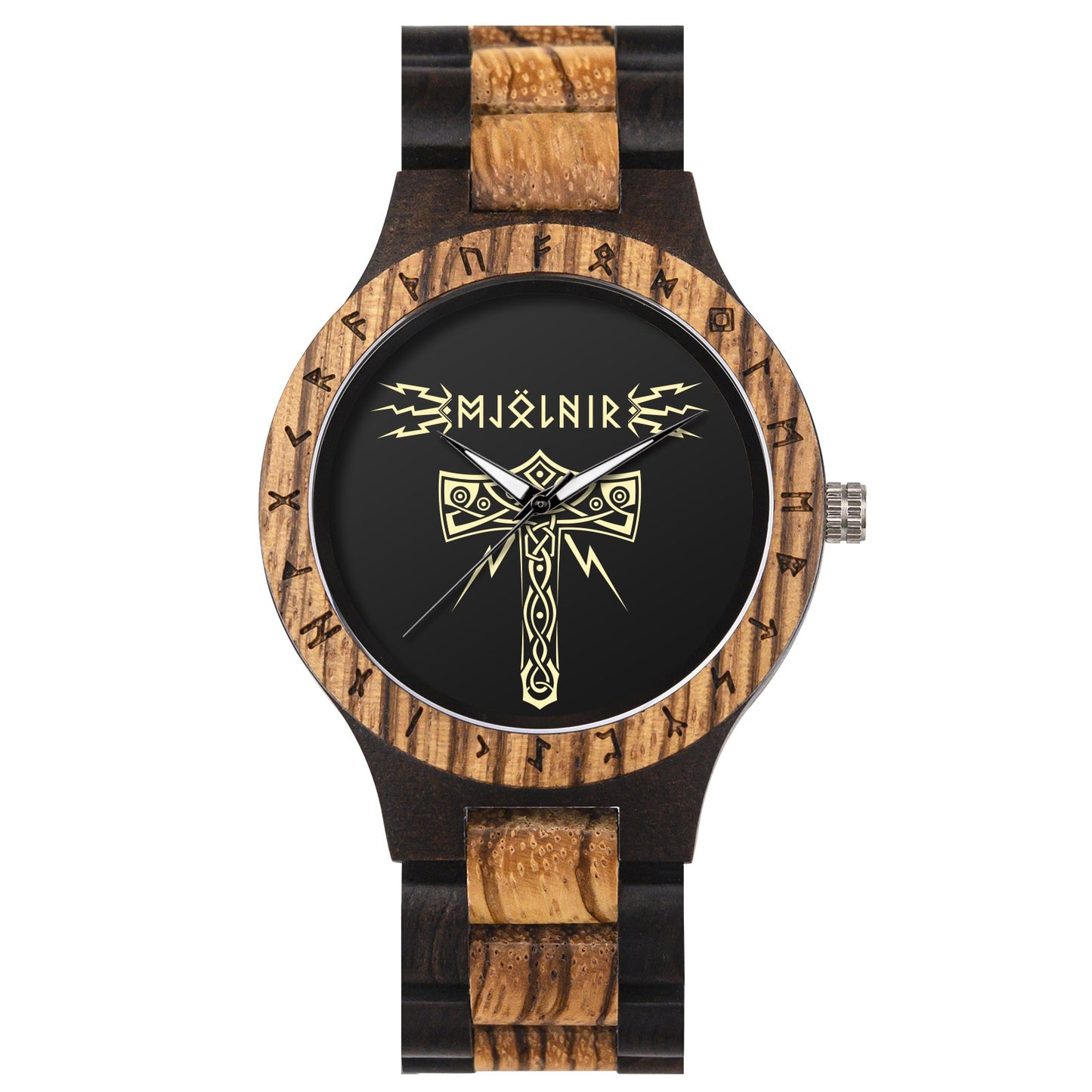 BOBO BIRD- COLECCION RUNA NORDICA  Reloj de pulsera de madera para hombre, cronógrafo de cuarzo con círculo rúnico, timón dorado, Vegvisir, a la moda, gran caja de regalo