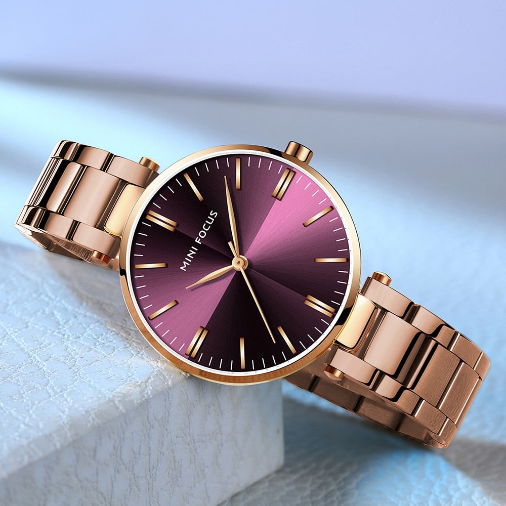 MINIFOUCS-relojes sencillos de acero para mujer, pulsera de cuarzo púrpura, resistente al agua, marca de lujo.
