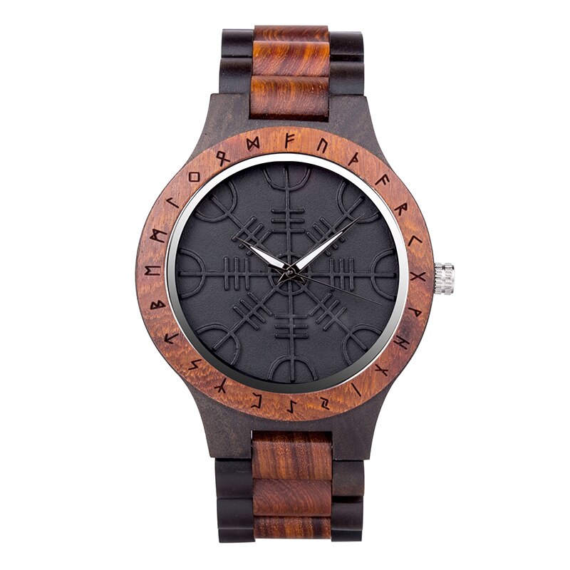 BOBO BIRD- COLECCION RUNA NORDICA  Reloj de pulsera de madera para hombre, cronógrafo de cuarzo con círculo rúnico, timón dorado, Vegvisir, a la moda, gran caja de regalo