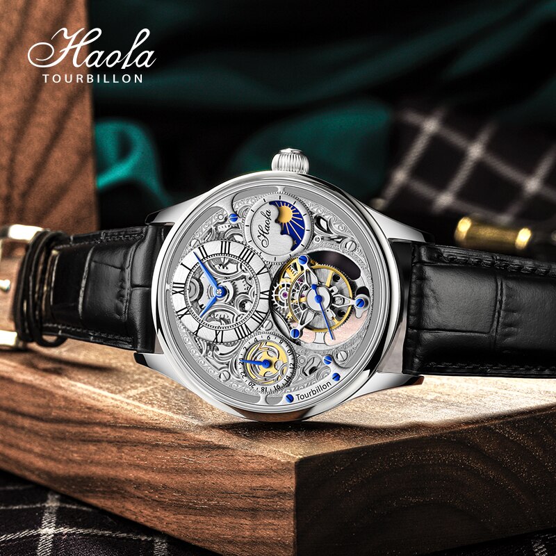 HAOFA-reloj mecánico con movimiento Tourbillon para hombre, cronógrafo con esqueleto Manual, zafiro, GMT Moonphase,