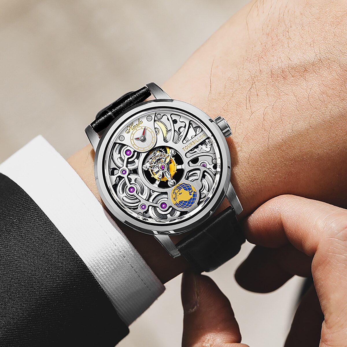 Haofa-Reloj de negocios para hombre, accesorio de pulsera con mecanismo de Tourbillon, doble esqueleto, Manual, 120H de reserva de energía, zafiro, resistente al agua, 1938
