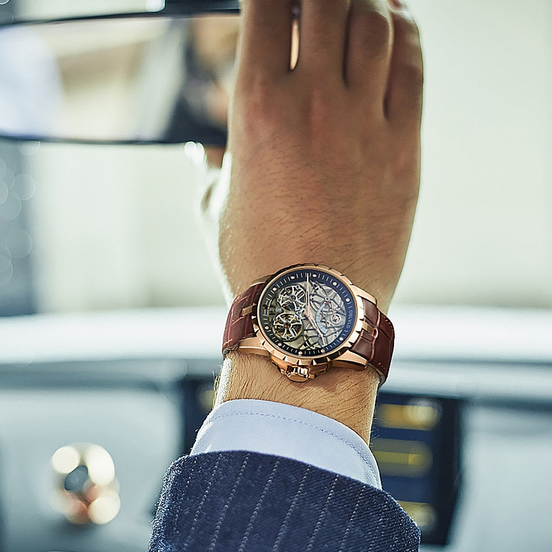 OBLVLO lujo transparente hueco esqueleto relojes automáticos para hombres deporte mecánico doble volante piel de becerro cuero zafiro