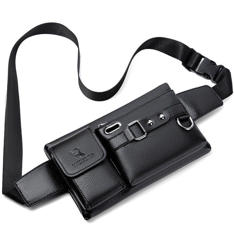 WEIXIER Riñoneras de cuero PU para hombre, bolso de pecho multiusos de Color sólido, bandolera negra/marrón, a la moda