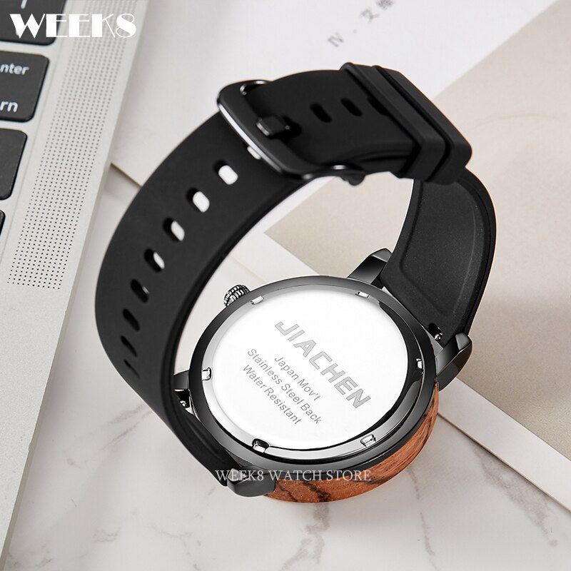 Reloj de madera de bambú para hombre y mujer, pulsera con números, banda de silicona, diseño Simple