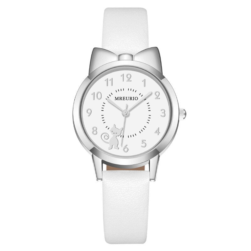 Reloj de cuarzo con correa de cuero para niños, pulsera Digital con lazo de gato bonito.
