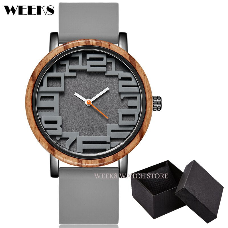 Reloj de madera de bambú para hombre y mujer, pulsera con números, banda de silicona, diseño Simple