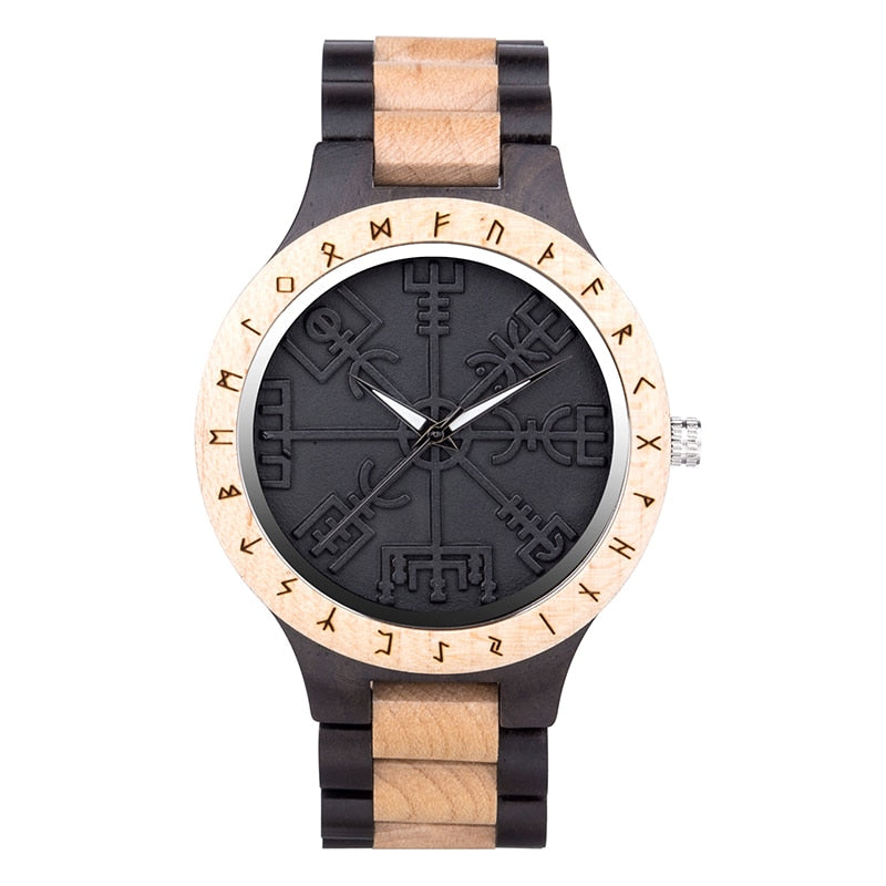 BOBO BIRD- COLECCION RUNA NORDICA  Reloj de pulsera de madera para hombre, cronógrafo de cuarzo con círculo rúnico, timón dorado, Vegvisir, a la moda, gran caja de regalo