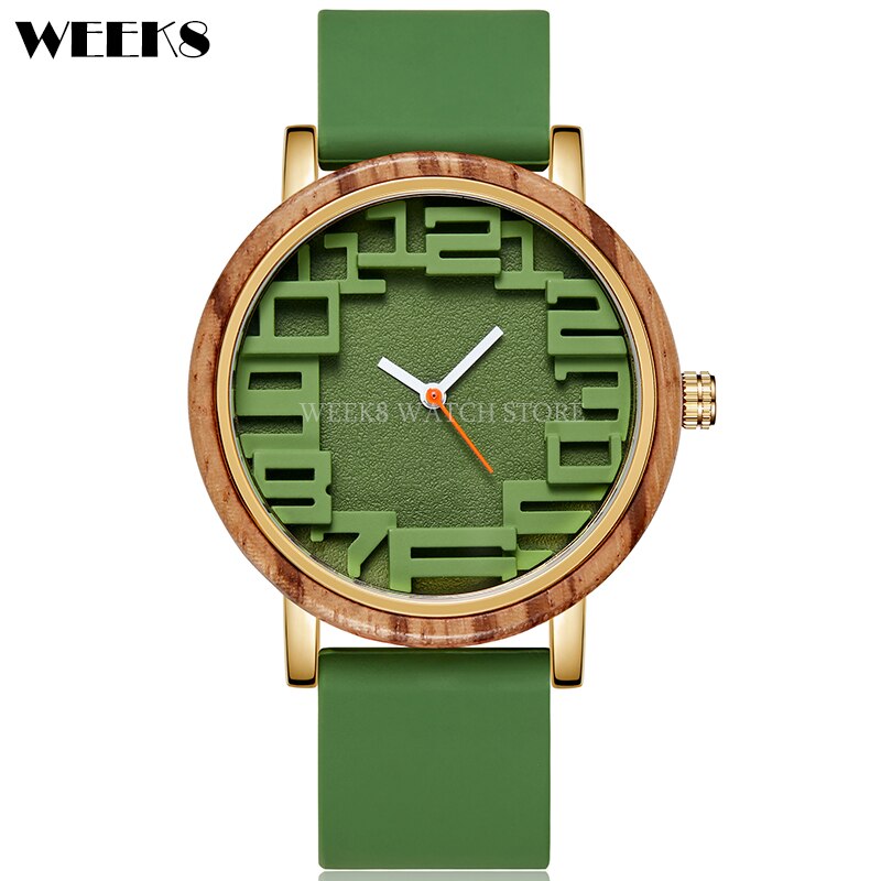 Reloj de madera de bambú para hombre y mujer, pulsera con números, banda de silicona, diseño Simple