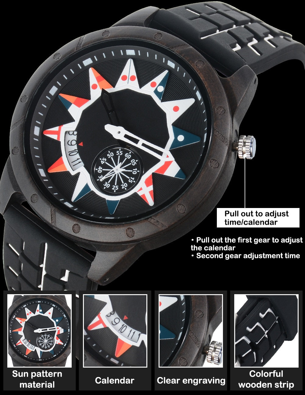 Wood Watch¡Presentamos el "Wood Watch Concept Dial"! Un reloj de madera para hombres con un concepto único de esfera inspirada en la bandera nacional y el aro de una rueda.  ¡Un reloj de madera que combina estilo y funcionalidad! ⌚🚴‍♂️