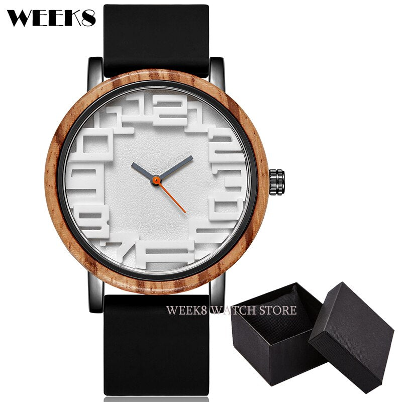 Reloj de madera de bambú para hombre y mujer, pulsera con números, banda de silicona, diseño Simple